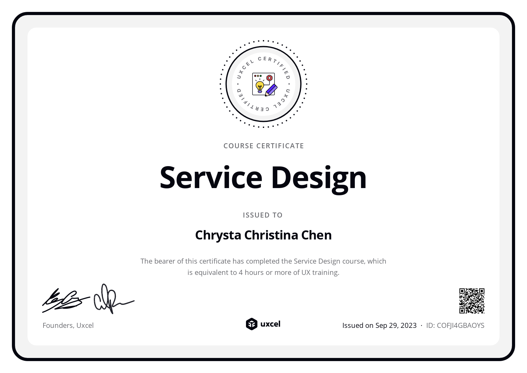 Chrysta Christina Chen's certificate